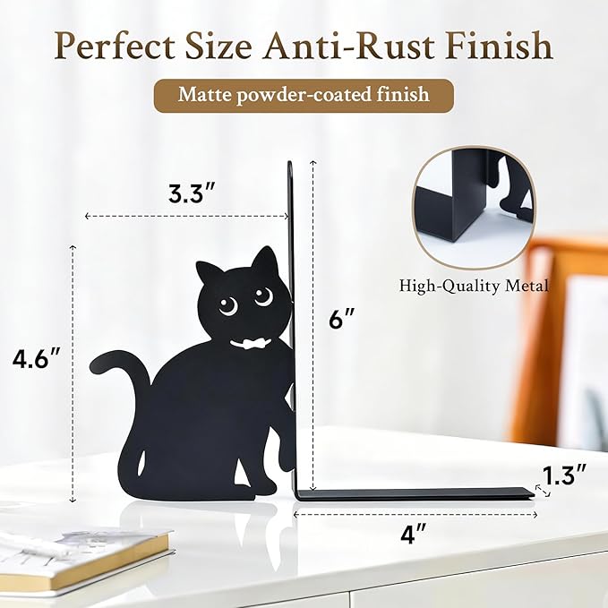 BEISE Book Ends Metal, Decorative Cat Bookends with 2 Cute Black Kittens for Shelf Decor, Office Desk, Home Kitchen Organizer, Unique Book Lover Gift, Funny Gifts for cat Lovers