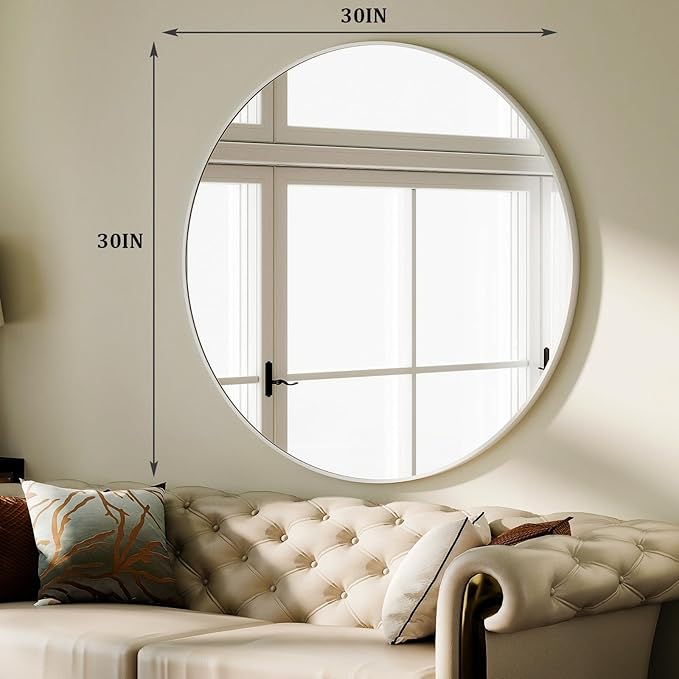 HARRITPURE Round Mirror 30" White Wall Mounted Circle Mirrors Vanity Mirror with Brushed Aluminum Alloy Frame Modern Decoration for Bathroom, Living Room, Vanity, Bedroom, Entryway