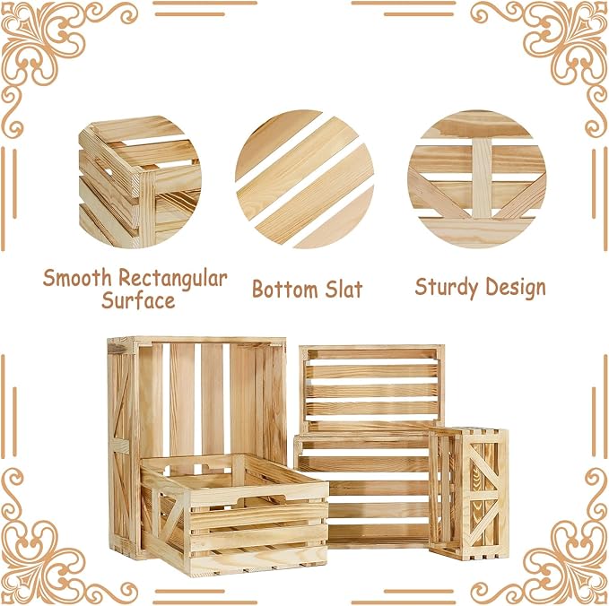 Wooden Crates for Display 5 Pack Wood Storage Crate for Home Rustic Nested Crates with Handles, Farmhouse Wooden Basket for Storage Container and Decorations XL