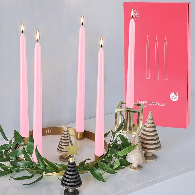 YOROXRG 24 Pack Pink Taper Candles, 7-8 Hours Burn Time, Unscented, Smokeless and Dripless, 0.75 x 10 Inch Dinner Candle Set for Valentine's Day,Household, Wedding, Party and Home Décor Candlesticks