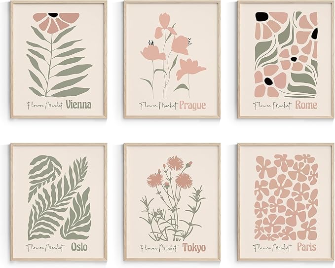 Habseligkeit Retro Flower Wall Art Prints, Vintage Boho Wall Decors for Women's Room Aesthtic, Abstract Posters for Girls Bedroom Decor Aesthetic Unframed, 8X10in, Set of 6