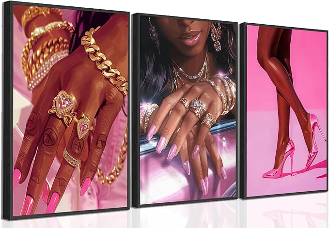 Pink Fashion Black Girl Canvas Wall Art Set of 3 African American Black Woman Posters Wall Decor Fashion Black Woman Pictures Prints for Living Room Bedroom Artwork Home Decoration 16x24Inch Unframed