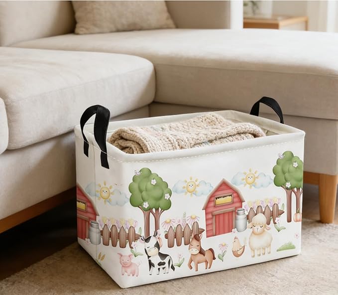 Essme Rectangular Farm Basket,Kids Baskets Empty with Handles,Cute Baskets for Kids Room Decor,Boys and Girls, Gift Basket,(Animal Farm)
