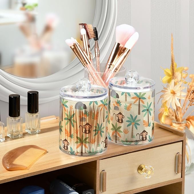 Cartoon Monkey Palm Tree Bathroom Containers Holder with Lids Set Clear Jars 2 Pack Plastic Makeup Storage Organizer 4.13 x 2.75In for Pads Cotton Swabs Hair Clips