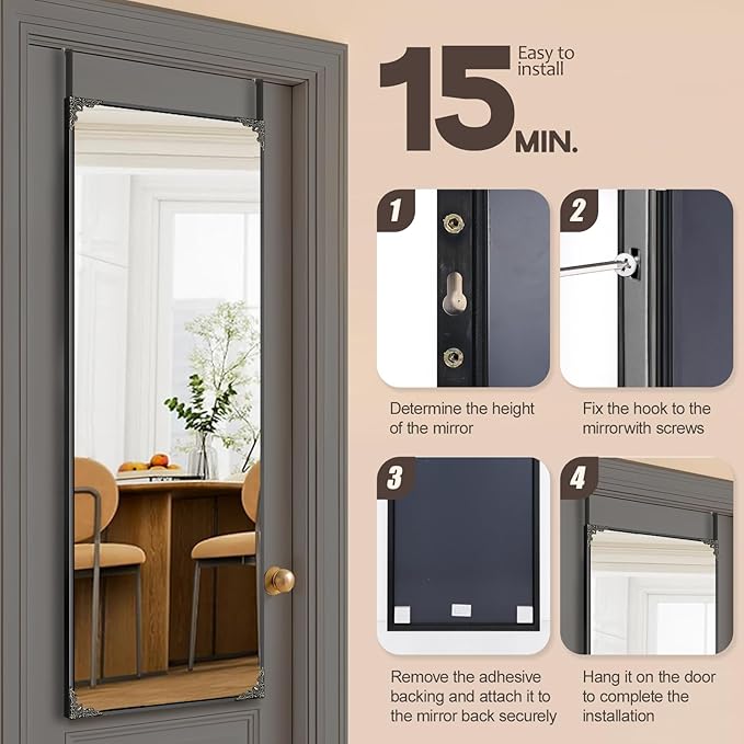 50"x16" Door Mirror, Rectangle Full Length Mirror, Over the Door Mirrors Full Length, Hanging Mirrors for Bedroom, Bathroom, Black