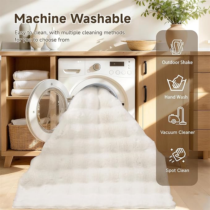 Pauwer Area Rugs for Living Room, 5x7 Fluffy Faux Fur Rug Non Slip Machine Washable Soft Shaggy Indoor Floor Carpet for Bedroom Dorms Playroom, Cream