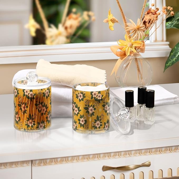 Floral Flowers Leaves Yellow Pattern Bathroom Containers Holder with Lids Set Clear Jars 2 Pack Plastic Makeup Storage Organizer 4.13 x 2.75In for Cotton Swabs Hair Clips Pads