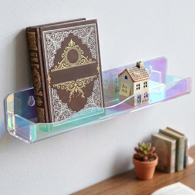 4 Pack 15" Iridescent Acrylic Floating Shelves, Wall Mounted Clear Acrylic Display Shelf Invisible Set up for Funko Pop Display Shelves Wall Organizer for Bathroom Bedroom Bookshelf