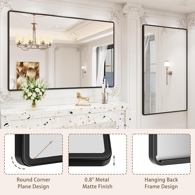 pertetey New Upgrade Bathroom Mirror, 60X40 Inch Black Metal Frame Wall Mounted Rounded Rectangle Bathroom Vanity Mirror with Tempered Glass for Washroom Bedroom Living Room