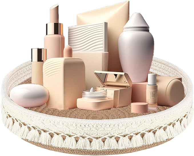 Makeup Holder Organizer Macrame Decorative Woven Rope Basket Boho Decor Essential Oils Dorm Room Essentials Cosmetics Desk Storage Baskets for Dresser Skin Care Lotions