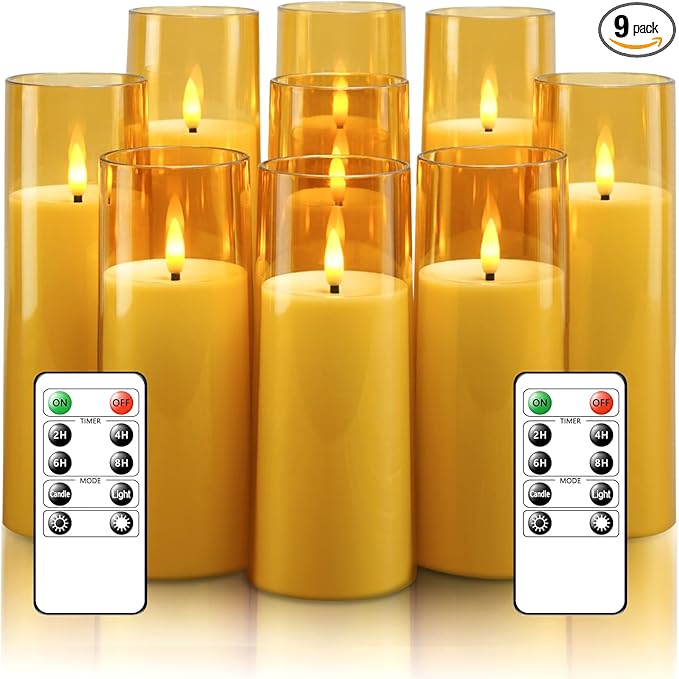 kakoya Flickering Flameless Candles Battery Operated with Remote and 2/4/6/8 H Timer Acrylic Led Pillar Candles Pack of 9 (appr D2.3"xH5.5"6.5"7.5")with Realistic 3D Wick Candles for Home Decor(Gold)