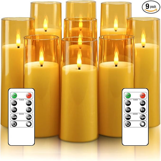kakoya Flickering Flameless Candles Battery Operated with Remote and 2/4/6/8 H Timer Acrylic Led Pillar Candles Pack of 9 (appr D2.3"xH5.5"6.5"7.5")with Realistic 3D Wick Candles for Home Decor(Gold)
