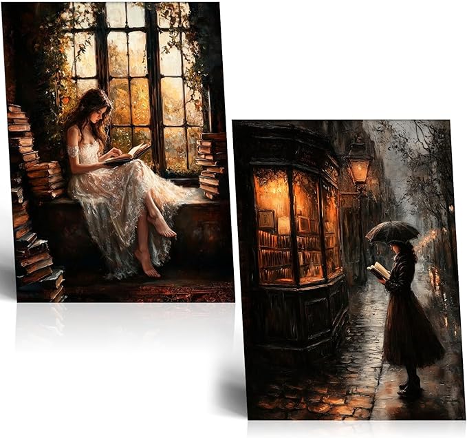 NCYEL 2Pcs Dark Academy Canvas Wall Art Painting Book Reading Print Vintage Style Drawing Gothic Poster Girl Street Scene Picture Library Study Bedroom Decor Literature Gallery 12x16 Inch Unframed