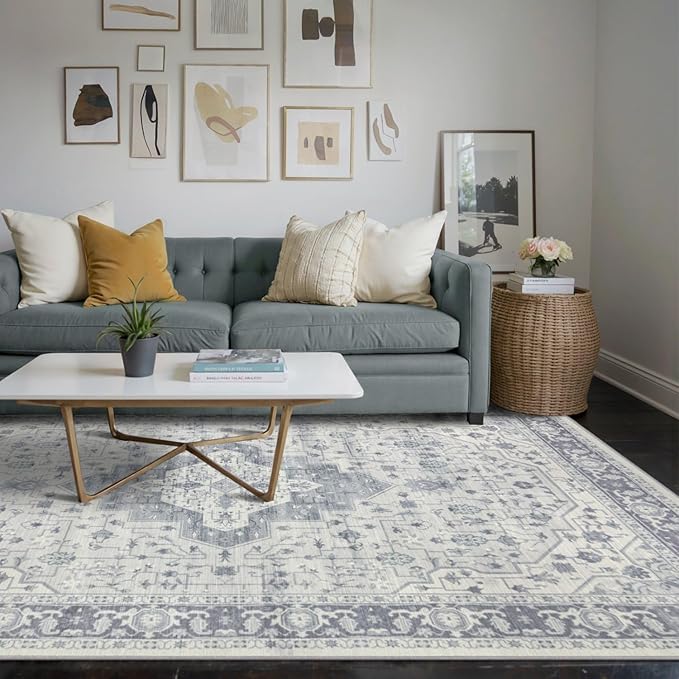 Rugxara 5X7 Washable Area Rug for Living Room, Vintage Large Boho Rugs for Office, Dining Room, Kids Room, Farmhouse, Durable Low Pile Non Slip Carpet for High Traffic Areas, Blue Quartz