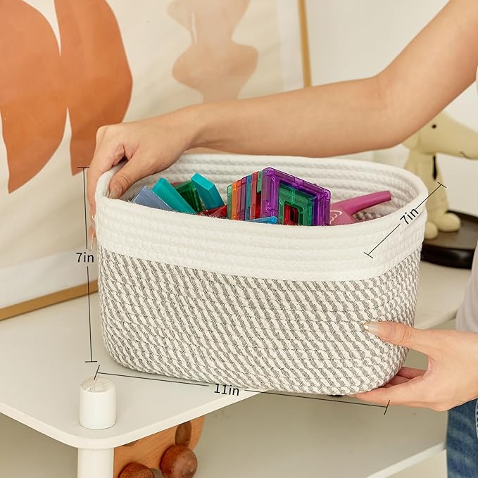 R RUNKA Small Cotton Rope Basket – Storage Bin for Organizing (10.6" x 6.7" x 6.7"), Bathroom Storage Basket for Shelf, Counter & Closet（White & Mixed Grey）