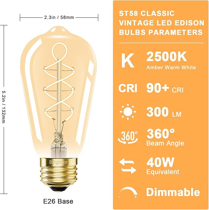 BLINGCOLOR E26 LED Vintage Edison Light Bulbs 40W Equivalent, Dimmable E26 4W LED 2500K Amber Warm Light Bulbs, ST58 Decorative Edison Bulbs for Pendant Lights Fixture, CRI90+, 2 Pack