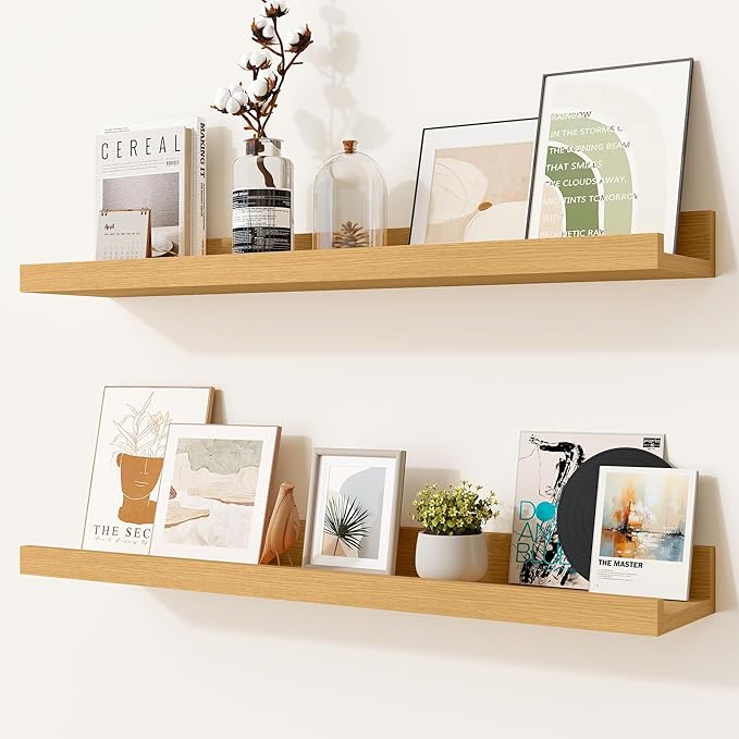Heimlove Picture Ledge Shelf,24 inch Long Floating Shelves for Wall Set of 2,Picture Shelf with Lip for Wall Decor,Living Room,Bedroom,Bookshelf,Nursery,Perfume,Oak Color