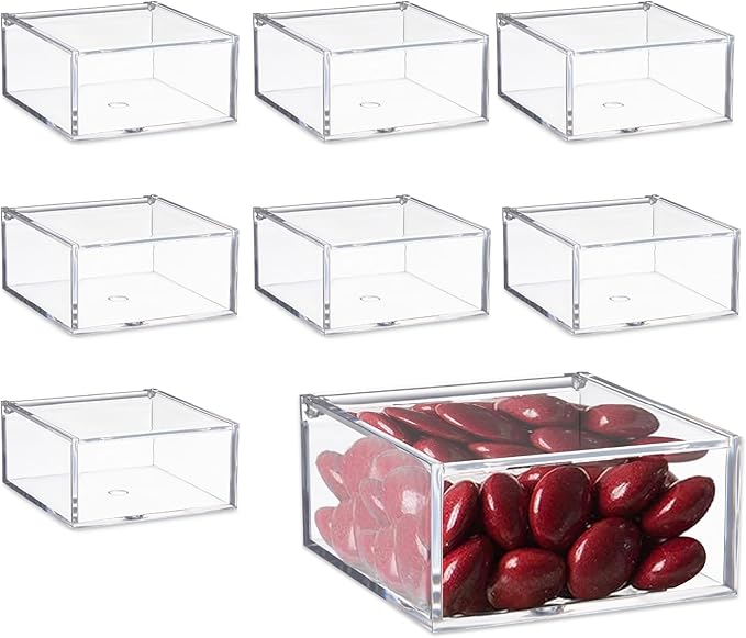 Hammont Clear Acrylic Box with Hinged Lid – Small Plastic Organizer for Office, Desk, Makeup, Crafts, Cotton Balls, Jewelry & More | 2.5"x2.5"x1" (8 Pack)
