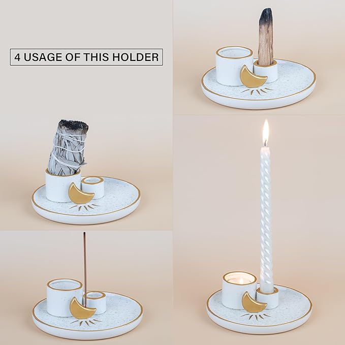 ZenBless Multifunction Incense and Candle Holder for Burning Sage, Palo Santo, Incense Sticks - 5.9" Ceramic Ash Catcher Tray for Meditation Room Home Decor Spritual Gifts (Gold)