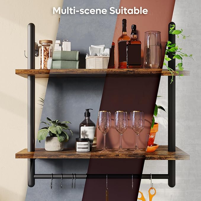 Bestier 24" Floating Kitchen Shelves Wall Mounted 2 Tier Coffee bar Shelves with 8 Hooks, Industrial Wall Shelf for Kitchen, Living Room Bedroom, Rustic Brown