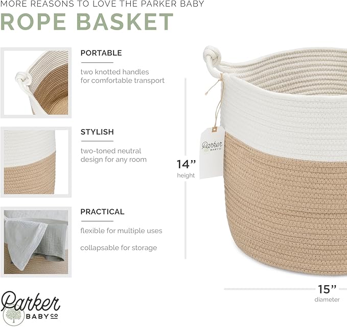 Parker Baby Nursery Storage Basket | Large Rope Storage Bin & Organizer for Laundry, Toys & Nursery Items | Collapsible, Versatile & Portable | Gender Neutral Colors to Match any Interior