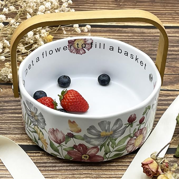 Ceramic Fruit Bowl with Detachable Wooden Handle Candy Dish Decorations Ornaments Decorative Bowl Birthday & Thank You Gifts(Magenta Flowers and Butterflies)