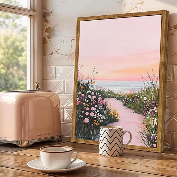 Framed Vintage Landscape Wall Art, Pink Floral Coastal Pictures Wall Decor, Rustic Wildflower Nature Paintings Canvas Prints Home Decor Aesthetic for Living Room Bedroom Bathroom 16x24 inch