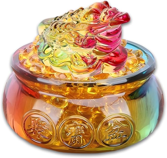 Feng Shui Treasure Basin Colorful Crystal Glass Lucky Money Toad and About 30 PCS Ingot Yuan Bao, Treasure Basin, Golden Toad Ideal Adornment for Attracting Wealth, Office Home Decor