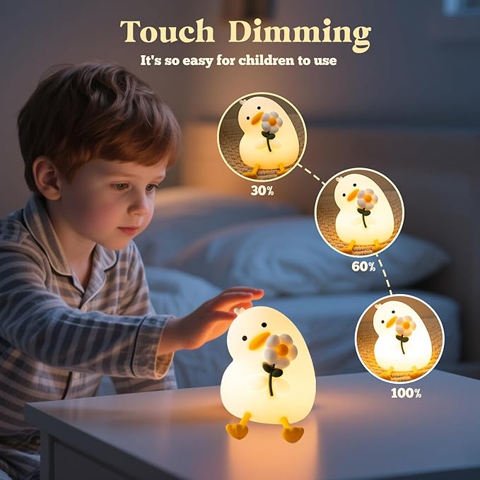 AVEKI Duck Night Light for Kids, Cute Light up Duck Decor Lamp, 3 Levels Dimmable Silicone Baby Night Light for Nursery, Rechargeable Touch Kids Lamp, Christmas & Birthday Gifts for Boys and Girls