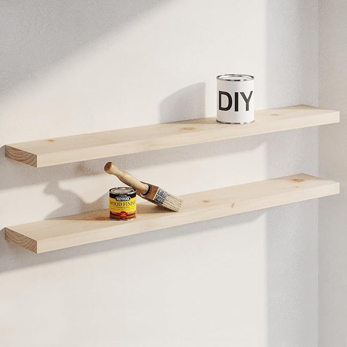 Homeforia 36 inch Wood Floating Shelves, High End Solid Natural Wood 36inch Large Floating Shelf Bathroom, Unfinished Wooden Floating Shelves for Wall, Heavy Duty Bracket, 36 X 6.5 X 1.75 in, Set of 4