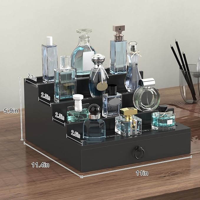 LED Lighted Cologne Organizer for Men, 4 Tier Wood Perfume Organizer with Velvet Lined Drawer, Multi Lighting Modes Perfume Display Holder with Remote Control, Cologne Shelf Stand, Nice Gift for Men