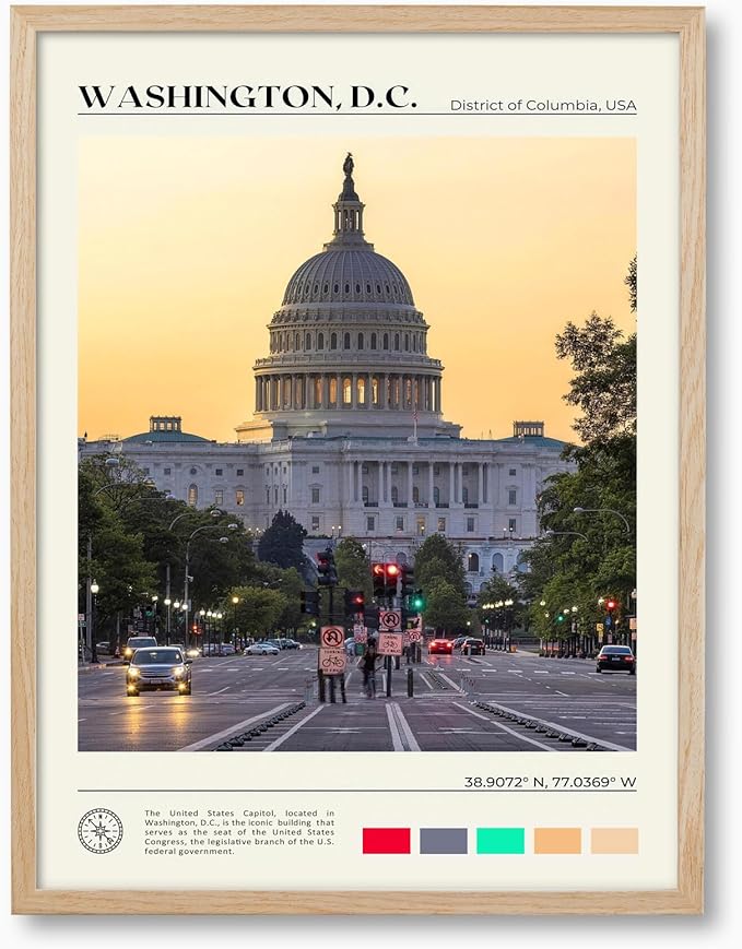 HesenDot Natural OAK Wood Washington DC Framed Wall Art,12x16in US Capitol Building Canvas Wall Print,Classic Urban Landmark Home Decor for Living Room Bedroom Office Gallery, Set of 1