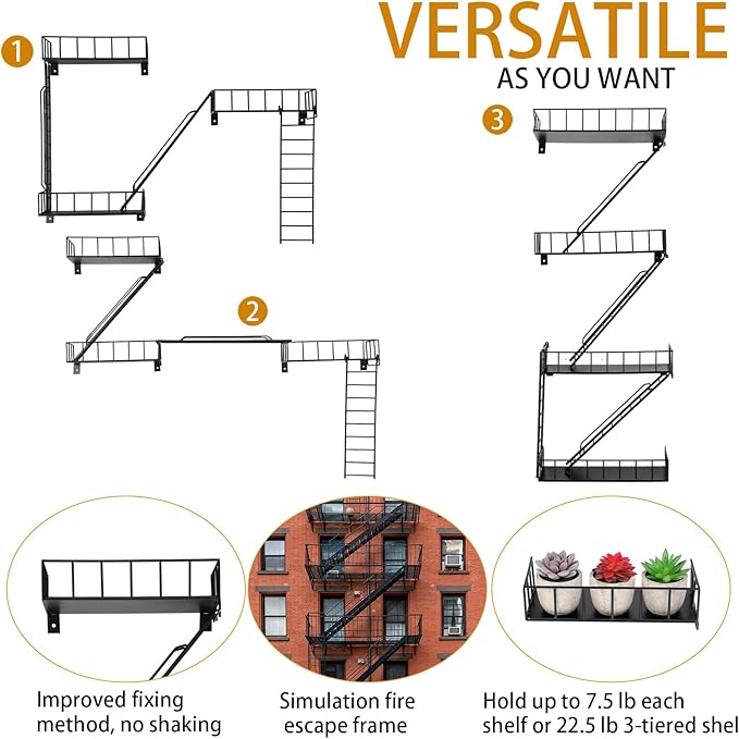 Zonon Fire Escape Wall Shelf Hanging Metal Ladder Shelves Wall Decor Cool Bookshelf Organizer Floating Shelves Action Figure Shelf for Home Bedroom Storage Display(Black,4 Tier)