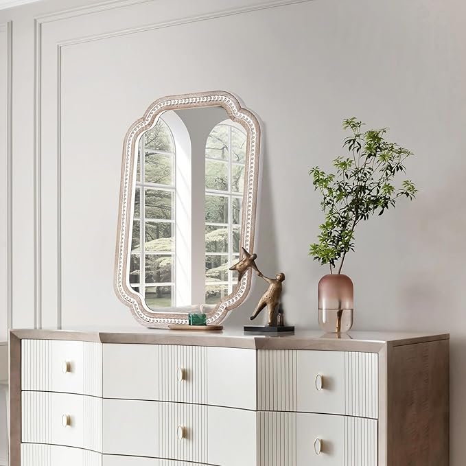 36x24 Inch Wooden Wall Mirror Decorative with Aesthetic Scalloped Edge Design, Rustic Farmhouse Mirrors for Bathroom Over Sink, Living Room, Bedroom, Entryway (Vertical/Horizontal)