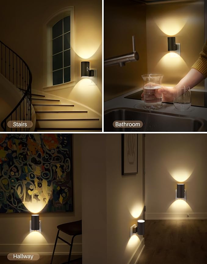 Night Lights Plug into Wall, LED Plug in Night Light, Dusk to Dawn Light Sensor, 0-100LM Adjustable Brightness Wall Light, Soft White 3000K, Dimmable Night Lights for Hallway Bedroom Stairway, 2 Pack