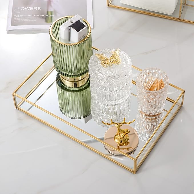 Hapivida Golden Vintage Glass Box, Vintage Glass Jewelry Organizer Box, Clear Glass & Brass Metal Storage Jewelry and Cosmetic Makeup Case Holder Organizer(Large)
