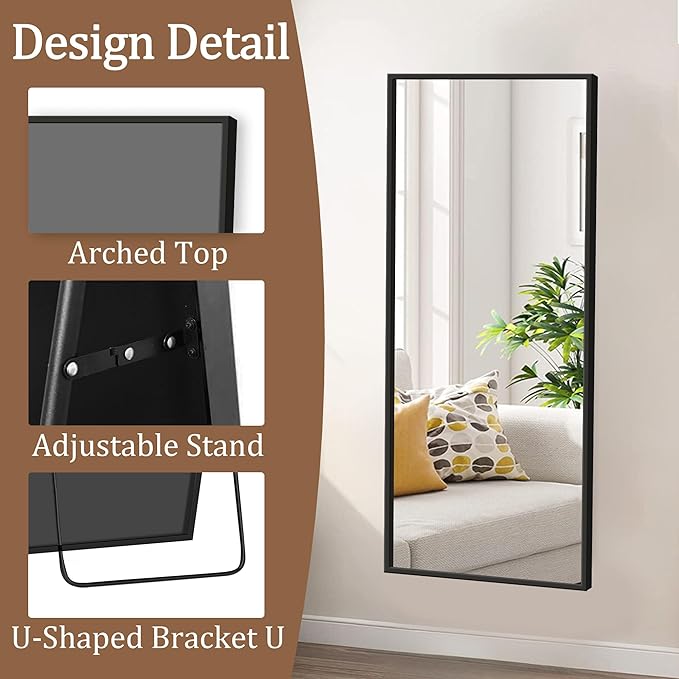 GlasFlength Full Length Mirror with Stand, 64"x21" Full Body Mirror with Aluminum Alloy Frame, Wall-Mounted/Leaning Against Wall/Standing Floor Mirror for Bedroom, Living Room, and Entryway