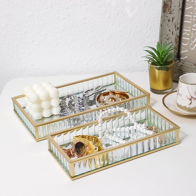 2pcs Mirror Storage Tray, Vertical Striped Glass Jewelry Storage Box, Perfume and Makeup Tray, Suitable for Dressing Tables, Bathrooms, and Bedrooms