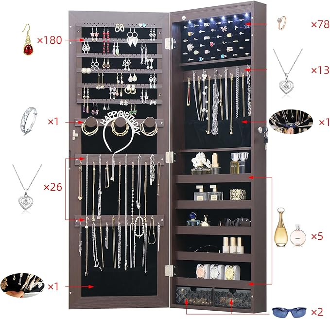 LED Jewelry Cabinet Armoire Organizer,Wall/Door Mount Jewelry Organizer and Storage with Full-Length Mirror Hanging Jewelry Organizer Full Length Mirror with Storage Large Capacity Brown