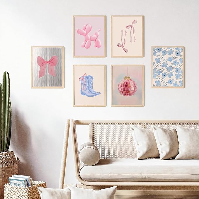 Blue and Pink Preppy Poster Set of 6 Cute Coquette Bow Boots Wall Art Aesthetic Coastal Wall Art, Trendy Girls Dorm Decor Cute Pink Bows Wall Decor for Bedroom Living Room Unframed 8x10 Inch