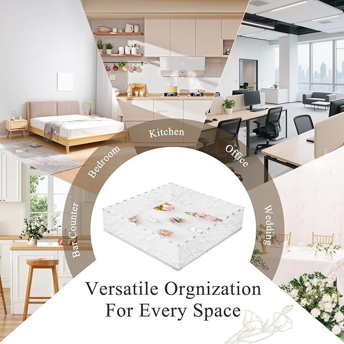 8"x8" Scalloped Acrylic Tray with Magnetic Mat - All-in-One Organizer for Jewelry, Makeup, Desk & Vanity, 2-in-1 as Tray & Photo Stand, for Women, Mom, Bride