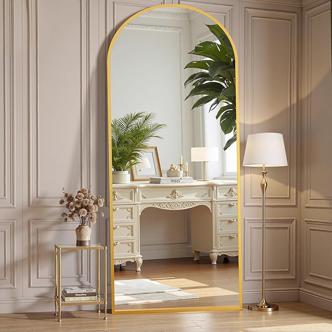 OLIXIS 64"x 21.5" Arched Mirror Full Length, Full Body Mirror with Stand, Hanging or Leaning for Wall, Floor Standing with Shatter-Proof Glass for Bedroom, Living Room, Long, Gold