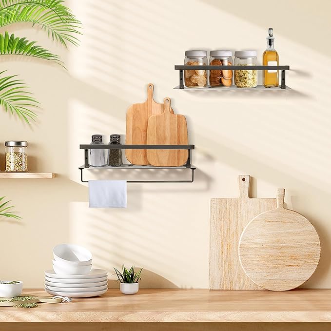 Uten Floating Shelves, Wall Mounted Iron Shelves Set of 2, Bathroom Storage Iron Shelves with Towel Rack, Wall Hanging Organizer Decor Shelf for Bathroom, Kitchen, Bedroom, Living Room