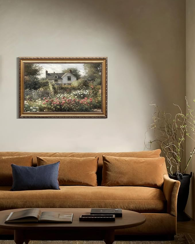 KBKBART Gold Framed Vintage Wall Art, Vintage Wildflower Countryside Canvas Oil Painting Wall Art, Rustic Antique Landscape Spring Decor Bathroom Decor for Bedroom Living Room, Gifts for Friends or Family(16"x24")