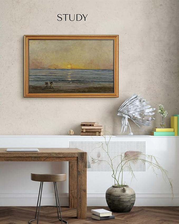 HUARCEY Gold Framed Vintage Wall Art for Living Room, Landscape Painting Prints Shelf Decor for Kitchen, Aesthetic Bedroom Wall Art, Best Gifts for Friends or Family - Ocean Sunrise 24L x 16W