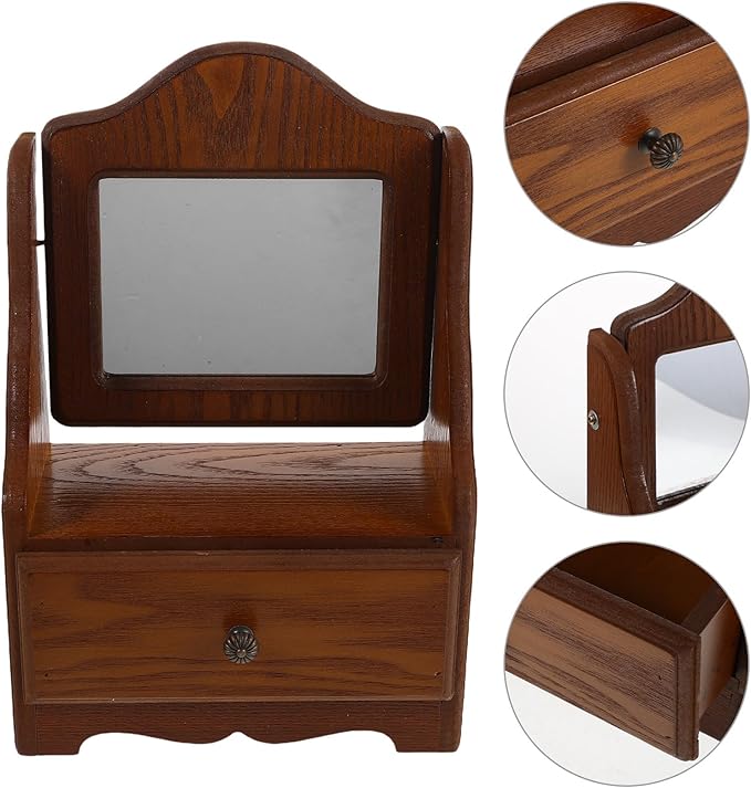 Rustic Wood Vanity Mirror with Storage Drawer, Square Tabletop Makeup Mirror for Bedroom and Bathroom Organizer, Small Desk Vanity for Women’s Dressing Table