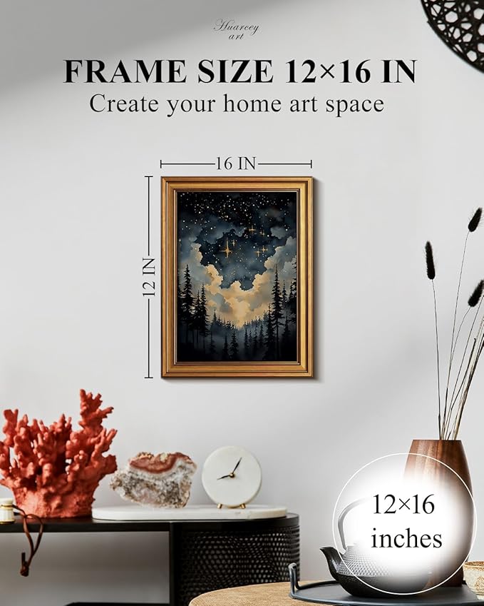 HUARCEY Gold Framed Canvas Wall Art, Celestial Stars Night Picture Decor, Living Room Bedroom Dark Landscape Nature Art, Sky Forest Vintage Canvas Paintings, 12x16inch