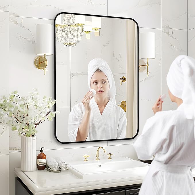 Fabuday Black Bathroom Mirror for Over Sink - 22x30 Matte Metal Framed Wall Mirror, Rounded Rectangular Vanity Mirrors for Living Room, Bedroom, Entryway, Hallway, Horizontally/Vertically