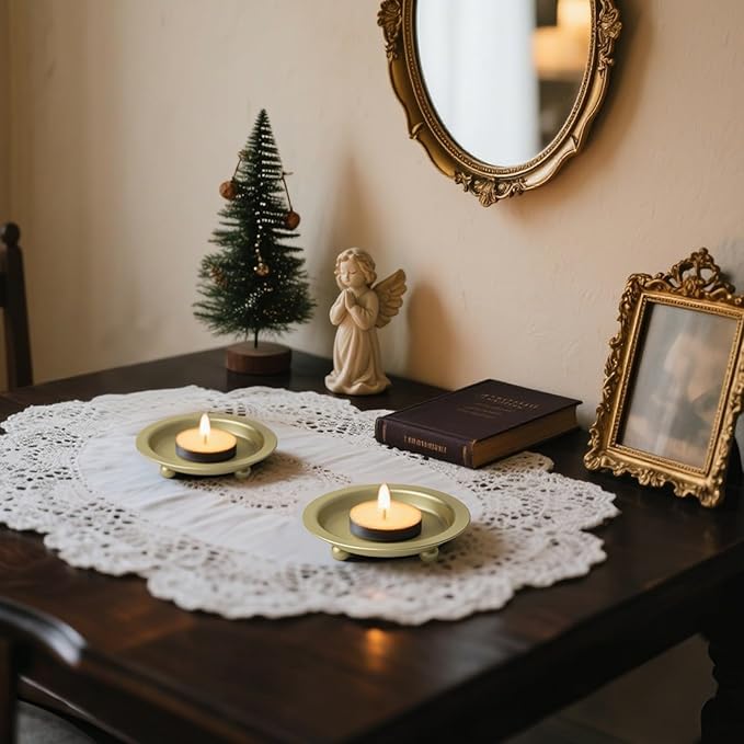 Gold Candle Holders, 4 Packs Gold Candles Sticks Holder Decor, 4.13'' Candle Tray Iron Plate for Tealight, Pillar Ball Scented Candles, Candle Stand for Incense Cones, Spa, Wedding