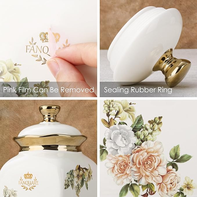 fanquare Floral Canisters with Gold Trim, Ceramic Decorative Countertop Jars, Farmhouse Porcelain Cookie Jar and Sugar Bowl Set with Airtight Lid